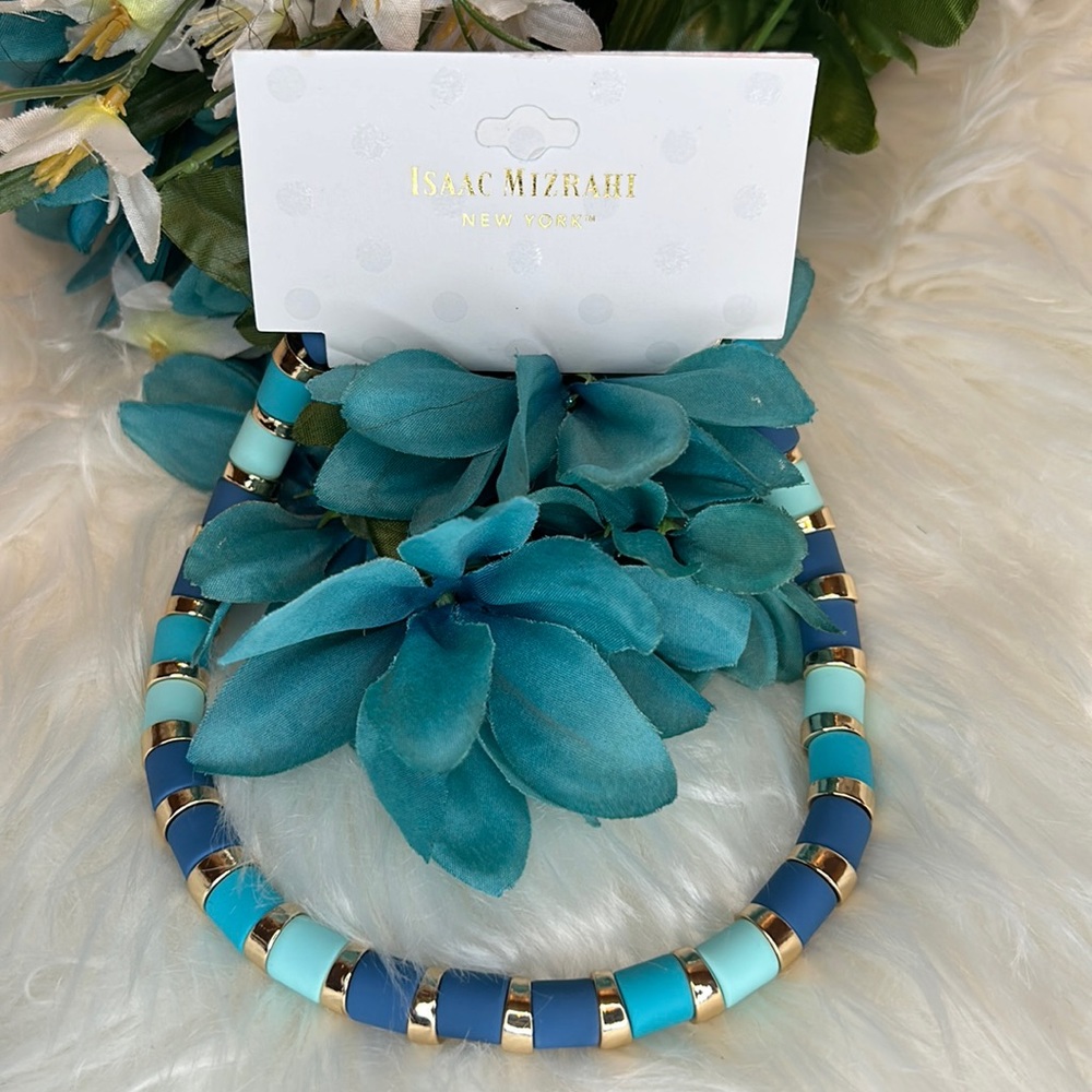 NWT ISAAC MIZRAHI New York Necklace Blue & Gold with Blue Acrylic/Stones